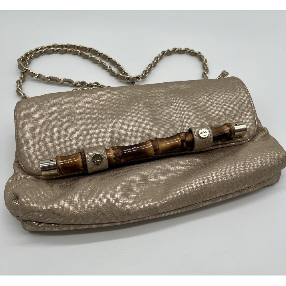 Elaine Turner Bamboo Detail Gold Beige Chain Shoulder Bag Purse Boho Chic Medium
